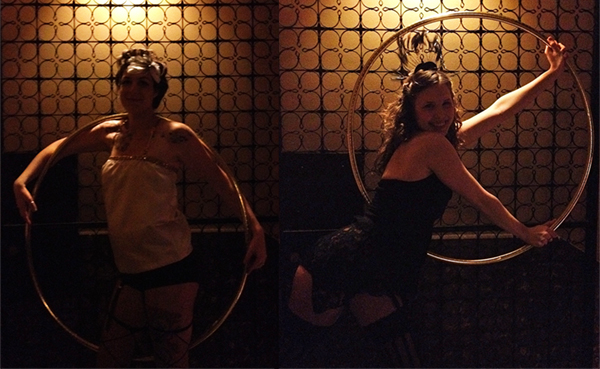 Vintage Circus Costume Hoopers 05 Hula hoopers posing in classic carnival wardrobe