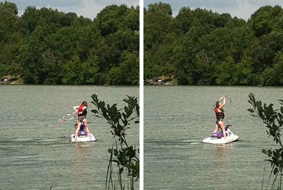 Girl hoop dancing on jet ski